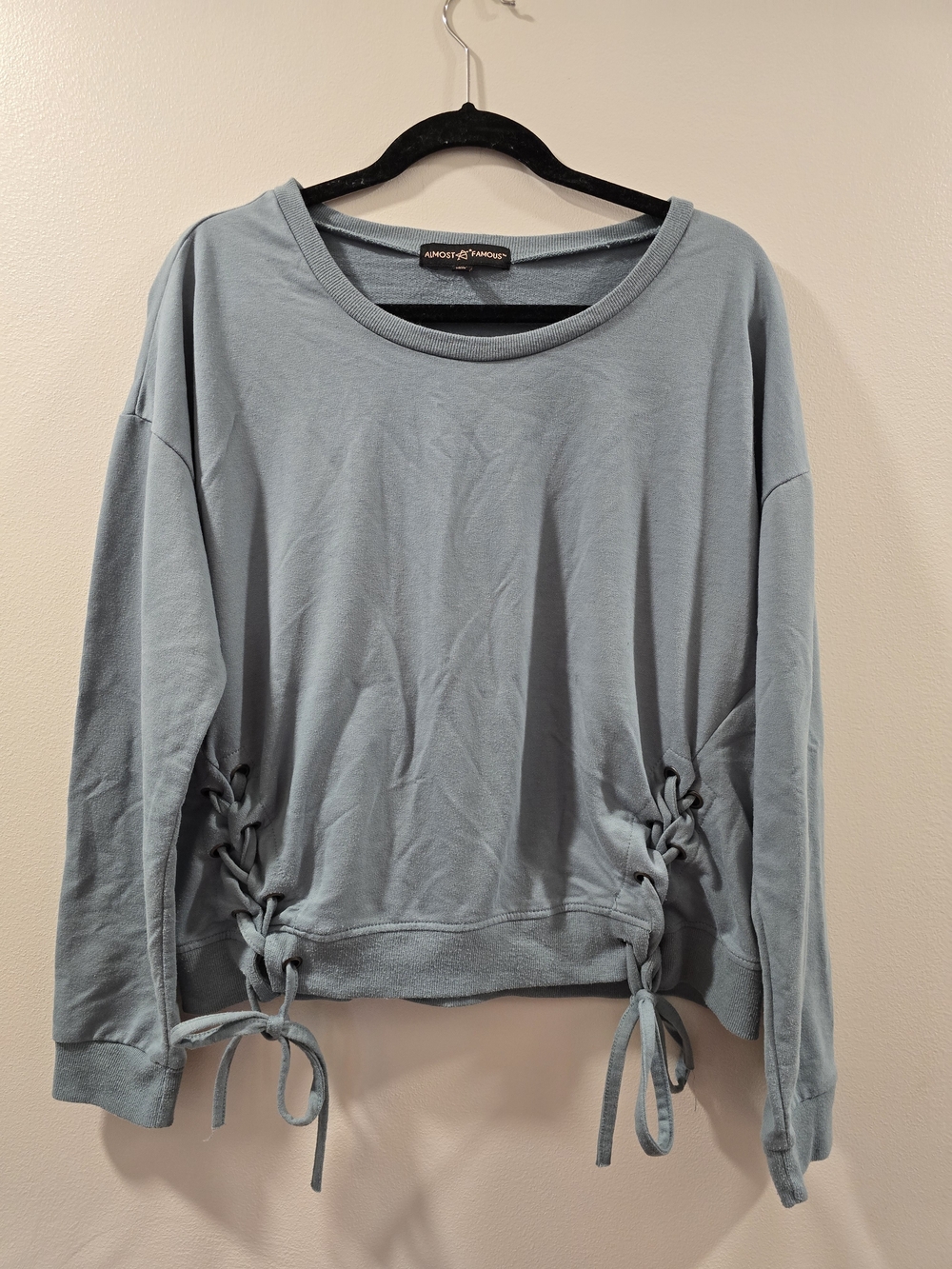 Almost Famous Dusty Blue Lace-Up Side Sweatshirt